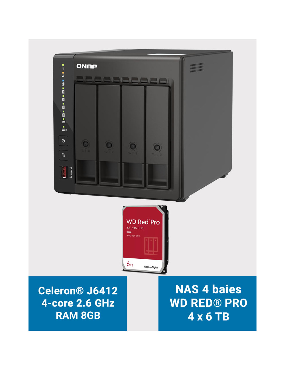 QNAP TS-453E 8GB Serveur NAS 4 baies WD RED PRO 24To (4x6To)
