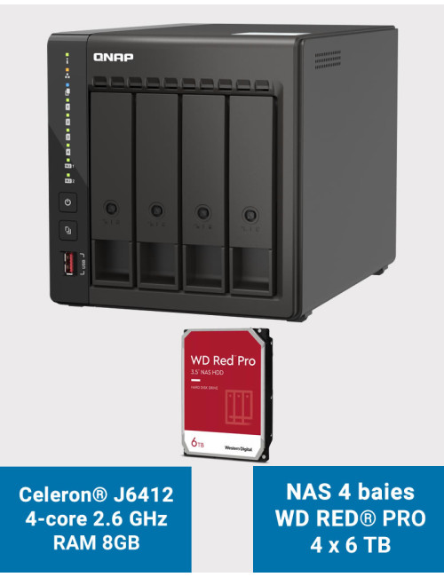 QNAP TS-453E 8GB Serveur NAS 4 baies WD RED PRO 24To (4x6To)