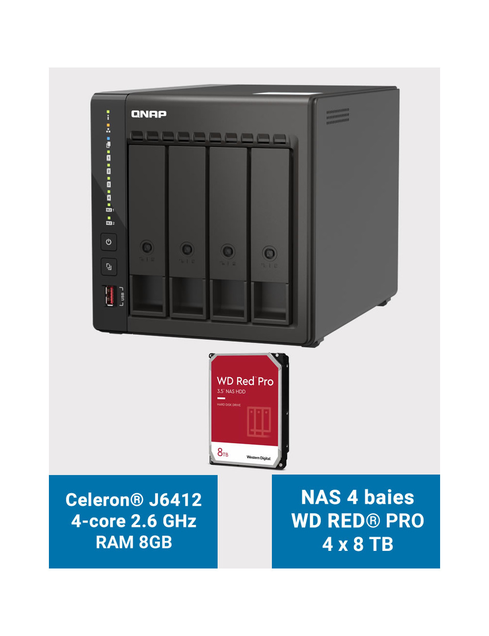 QNAP TS-453E 8GB Serveur NAS 4 baies WD RED PRO 32To (4x8To)