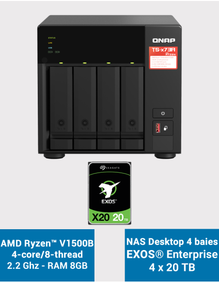 Qnap TS-473A 8GB Servidor NAS 4 bahías EXOS Enterprise 80TB (4x20TB)
