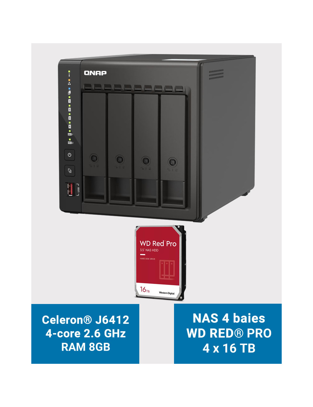 QNAP TS-453E 8GB Serveur NAS 4 baies WD RED PRO 64To (4x16To)