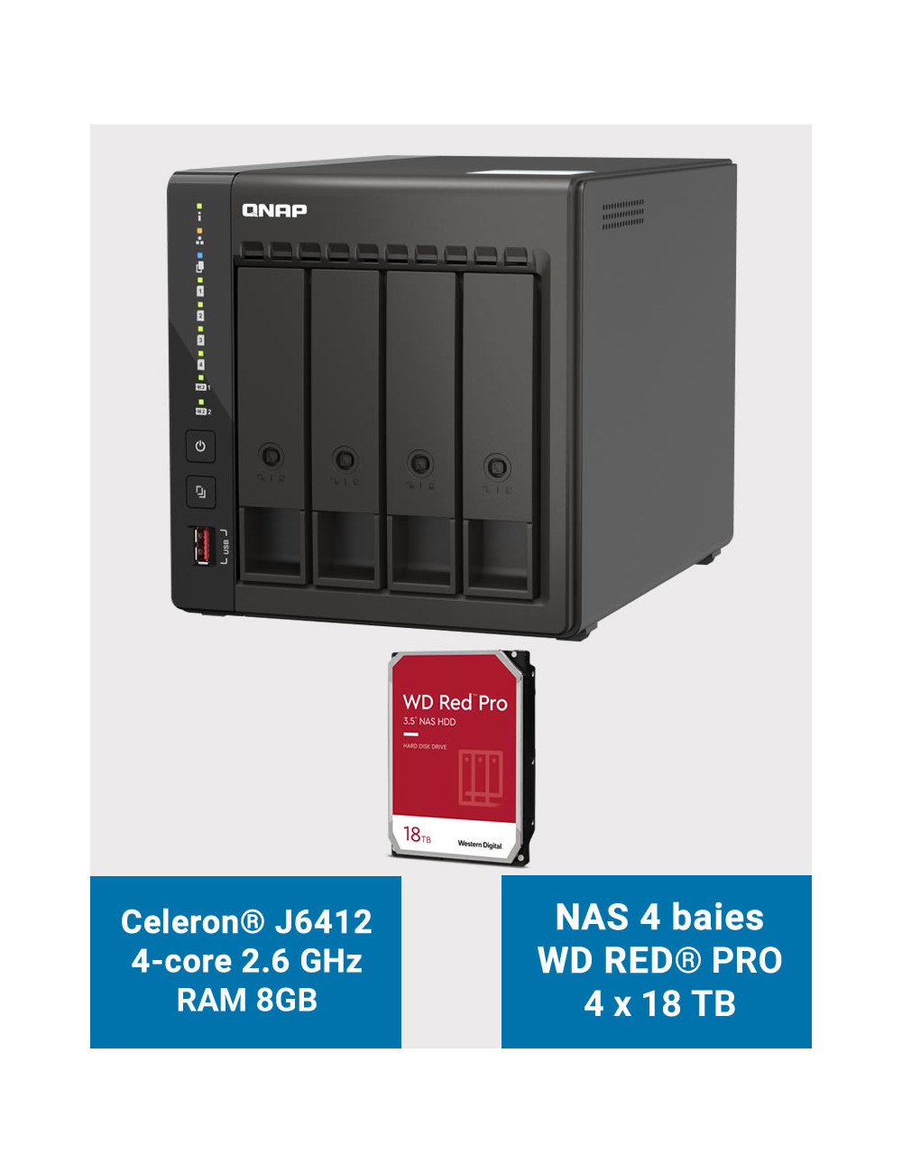 QNAP TS-453E 8GB Serveur NAS 4 baies WD RED PRO 72To (4x18To)