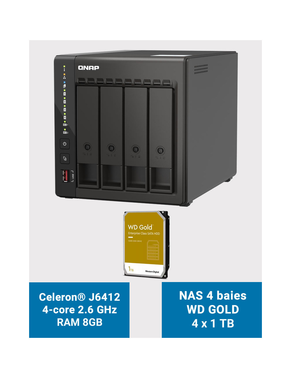 QNAP TS-453E 8GB Serveur NAS 4 baies WD GOLD 4To (4x1To)