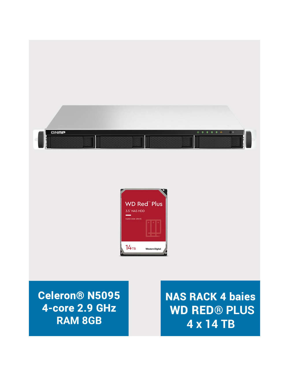 QNAP TS-464U 8GB Serveur NAS Rack 1U 4 baies WD RED PLUS 56To (4x14To)