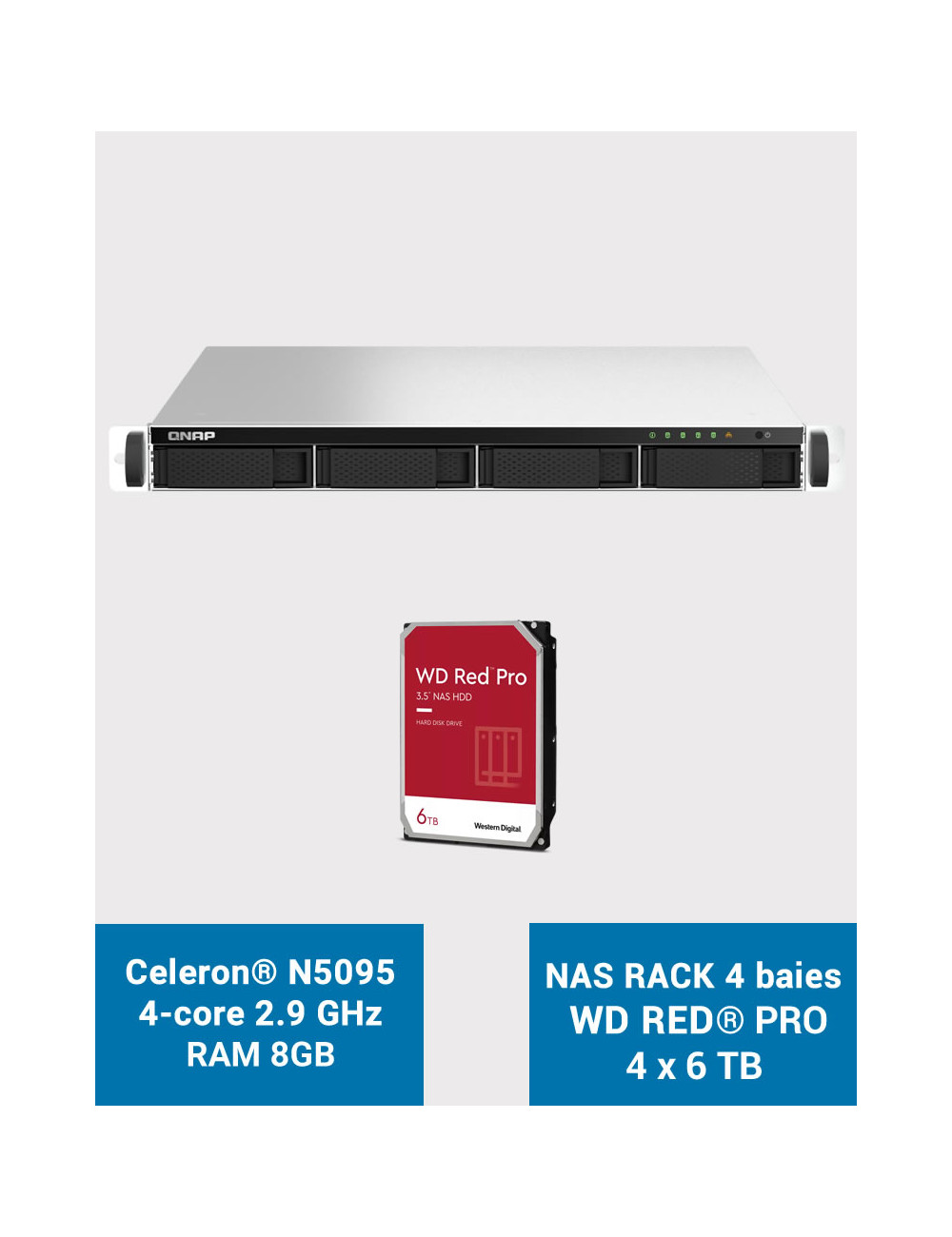 QNAP TS-464U 8GB Serveur NAS Rack 1U 4 baies WD RED PRO 24To (4x6To)