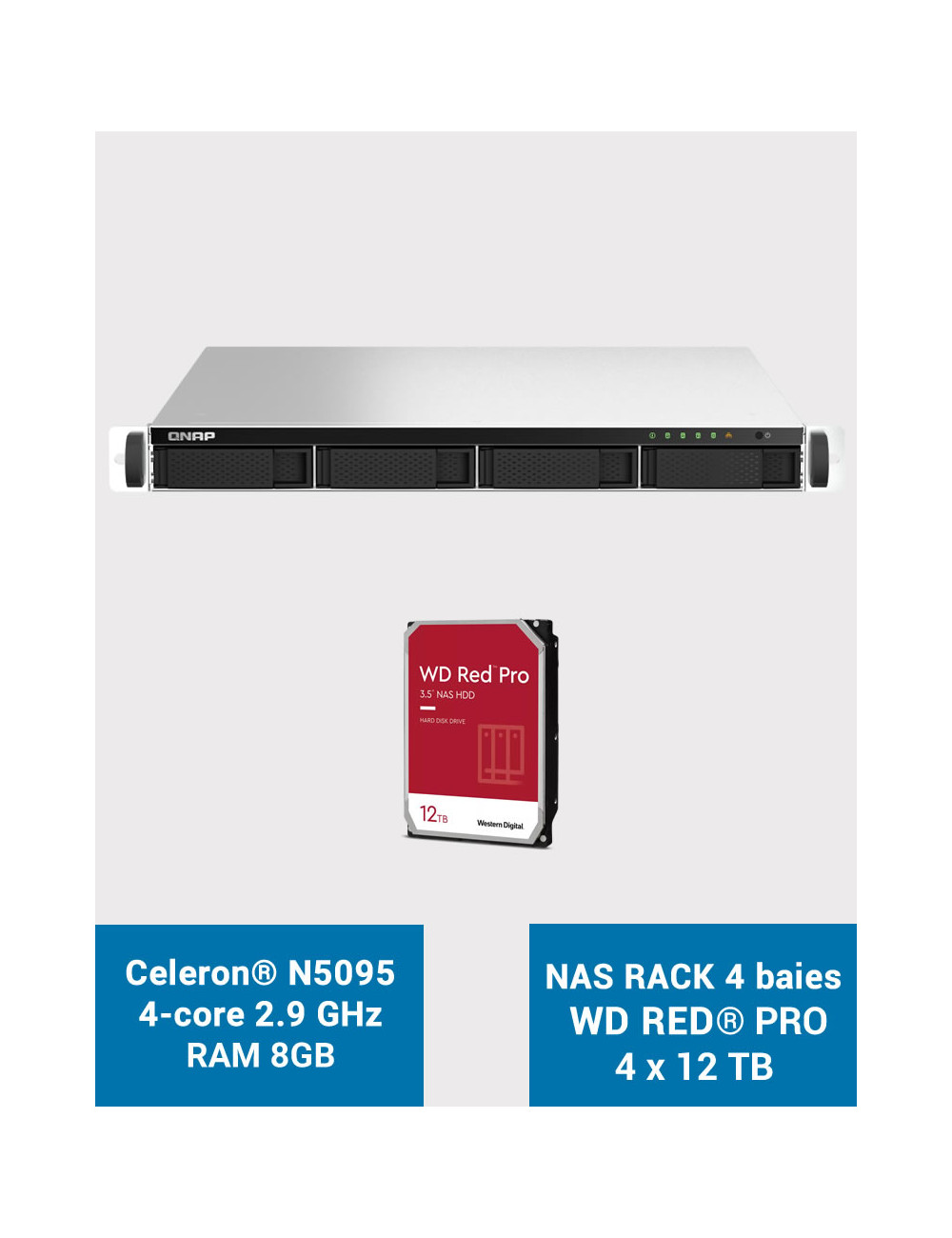 QNAP TS-464U 8GB Servidor NAS rack 1U 4 bahías WD RED PRO 48TB (4x12TB)