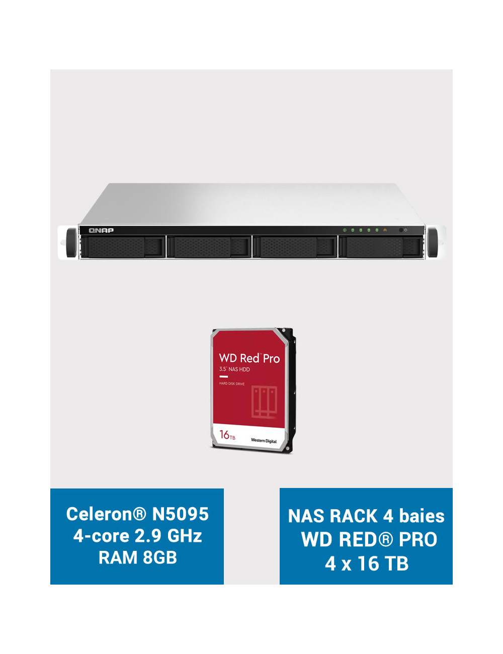 QNAP TS-464U 8GB Serveur NAS Rack 1U 4 baies WD RED PRO 64To (4x16To)
