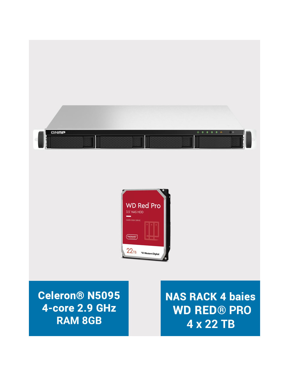 QNAP TS-464U 8GB Serveur NAS Rack 1U 4 baies WD RED PRO 88To (4x22To)