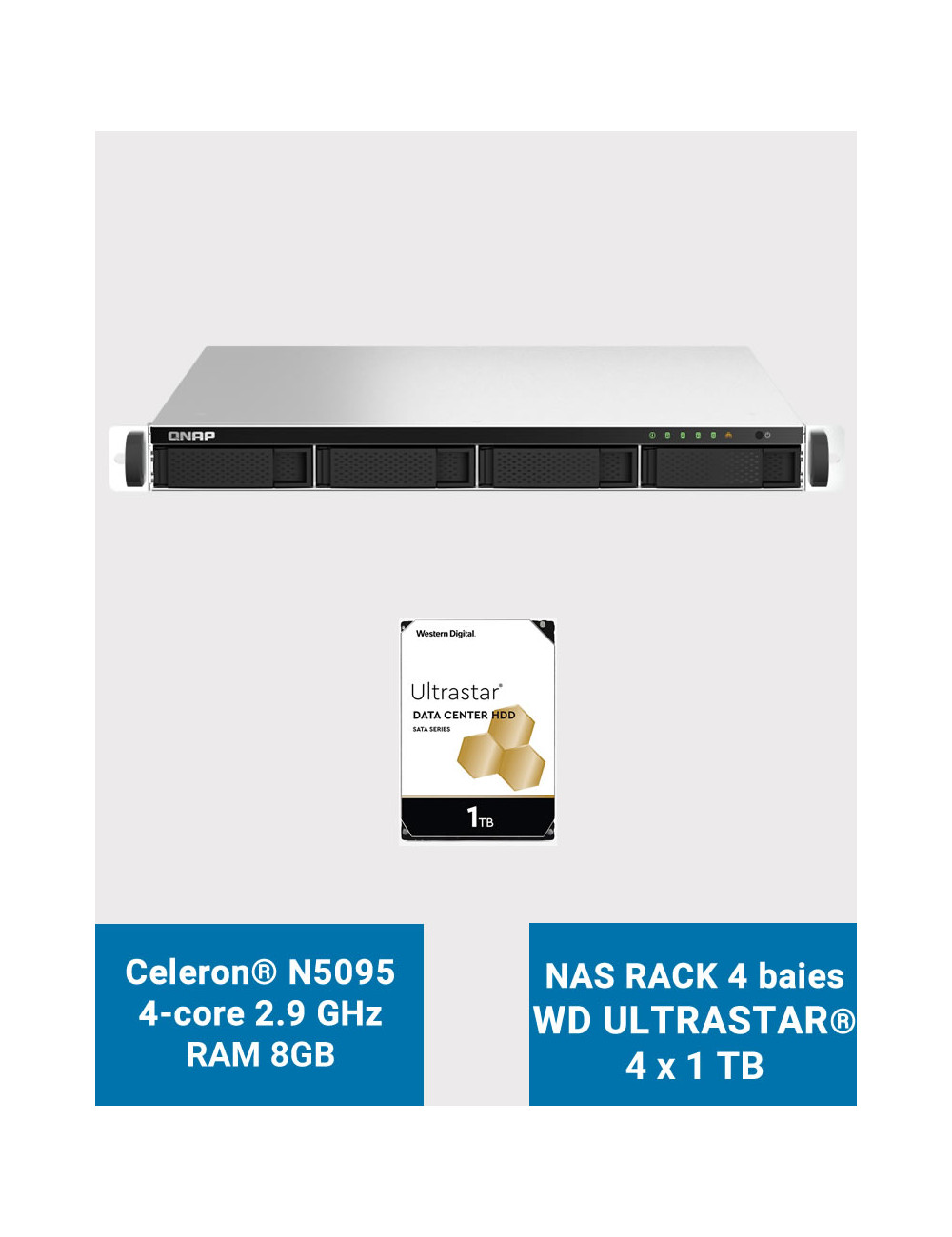 QNAP TS-464U 8GB Serveur NAS Rack 1U 4 baies WD ULTRASTAR 4To (4x1To)