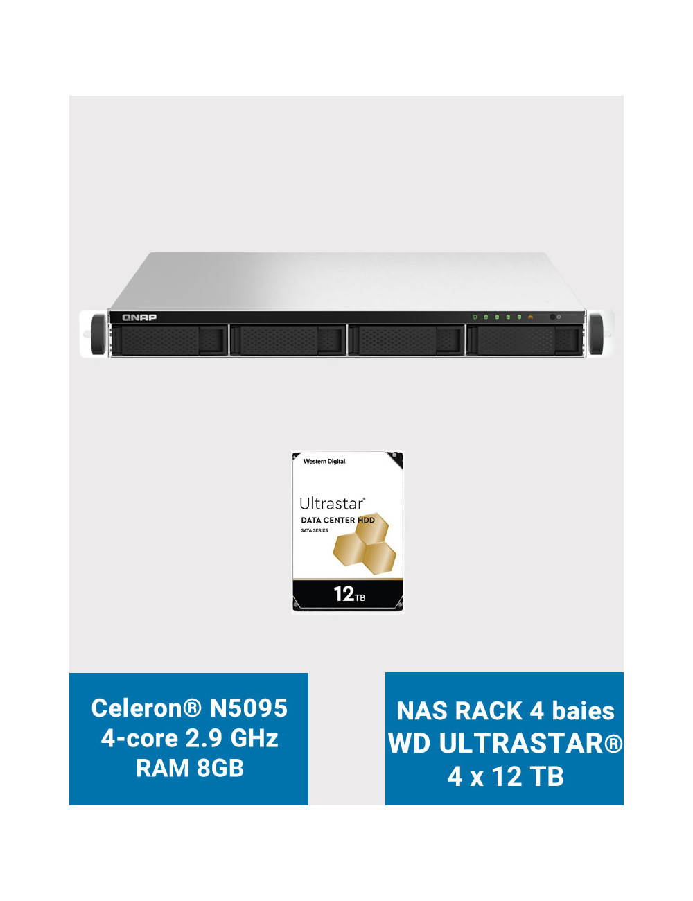 QNAP TS-464U 8GB Serveur NAS Rack 1U 4 baies WD ULTRASTAR 48To (4x12To)