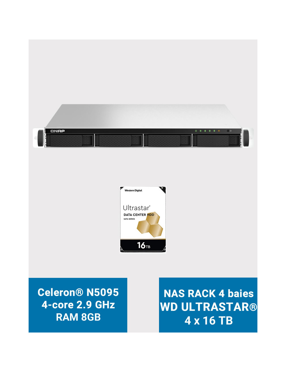 QNAP TS-464U 8GB Servidor NAS rack 1U 4 bahías WD ULTRASTAR 64TB (4x16TB)