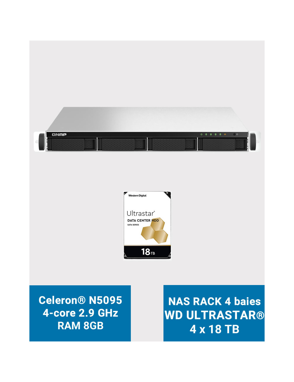QNAP TS-464U 8GB Serveur NAS Rack 1U 4 baies WD ULTRASTAR 72To (4x18To)